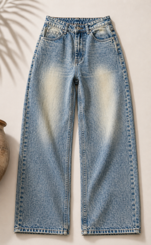 Baggy Fit Faded Raw Denim Jeans – Mid Blue