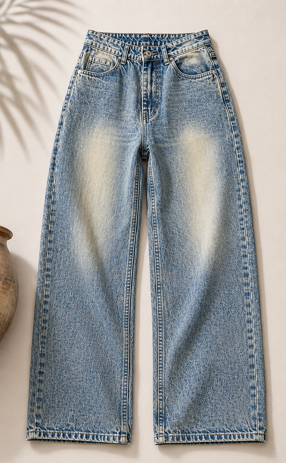 Baggy Fit Faded Raw Denim Jeans – Mid Blue