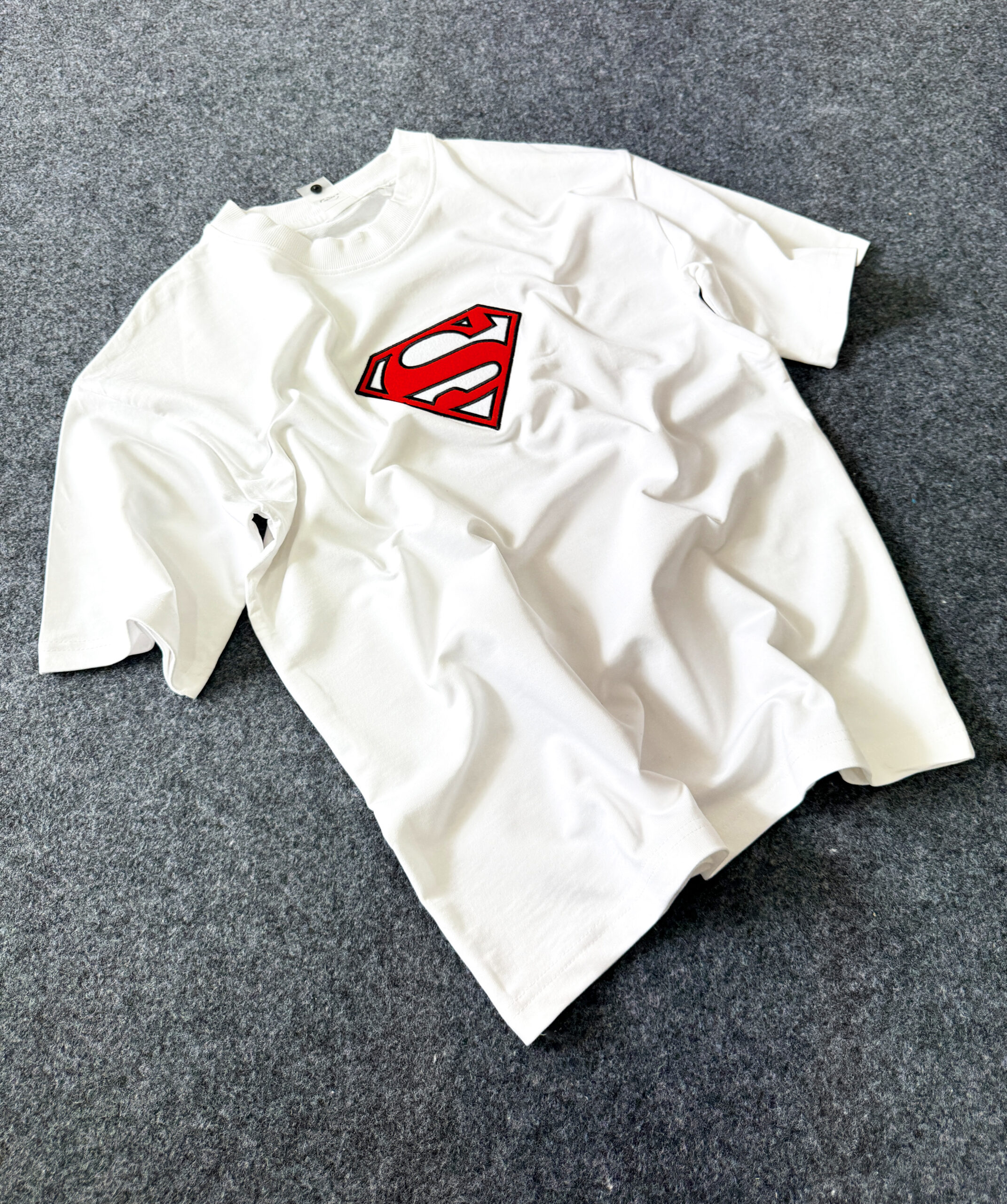 Oversized Embroidered Shield Logo Tee – White - Image 3