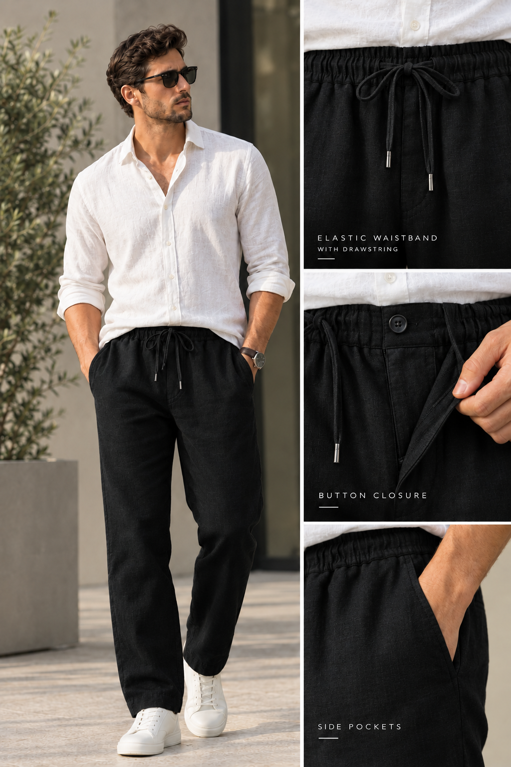 Relaxed fit Cotton Linen Pants - Black - Image 4